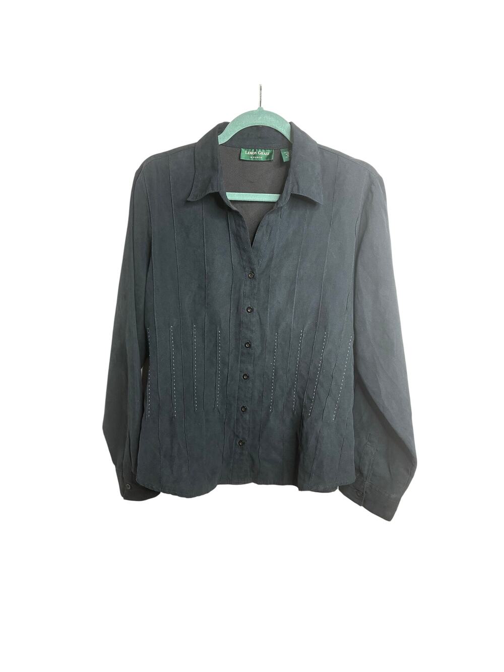 Lemon Grass Studio Women's Black Pintuck Faux Suede Button Down Blouse XL
